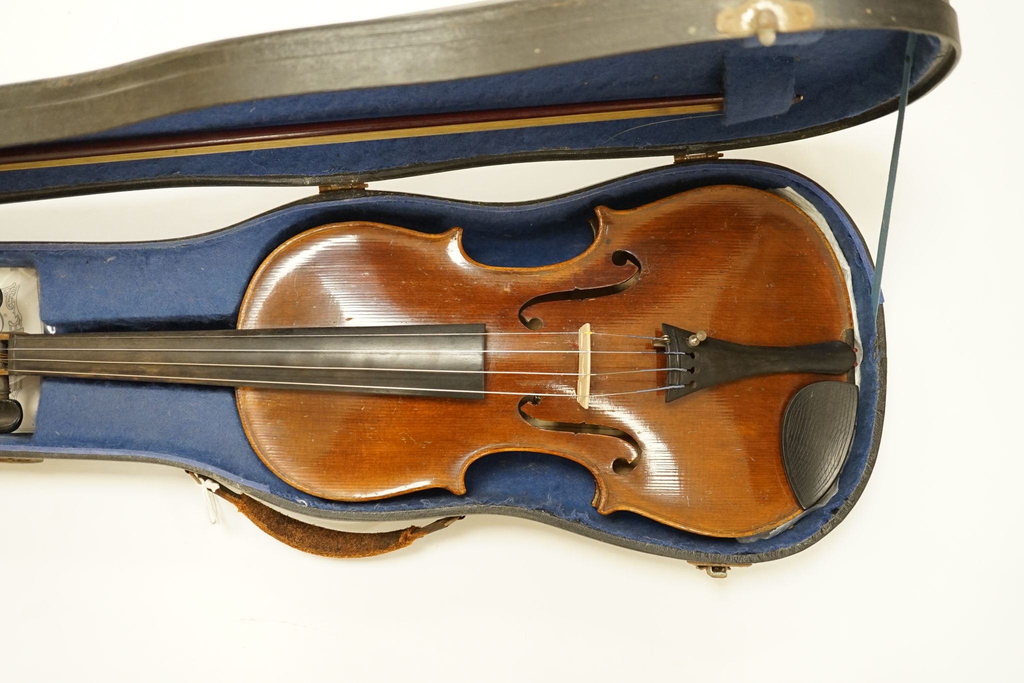 A Maidstone violin, with bow, cased., violin 59 cms high.